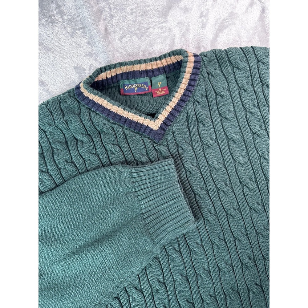 Saddlebred Sweater Mens XL Green‎ Cable Knit Varsity Preppy Cotton Country Club